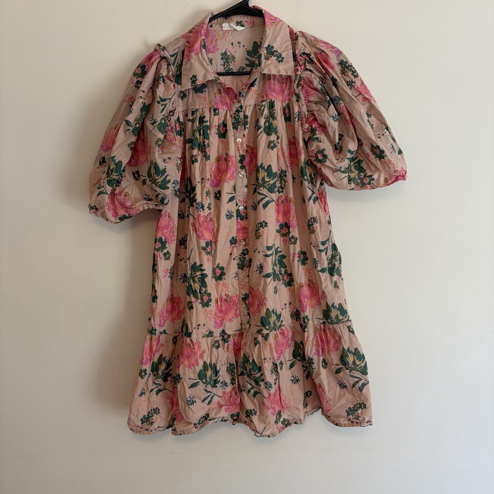 Peach Multi Floral Print Collared Button Down Ruffle Dress 100% Cotton Medium
